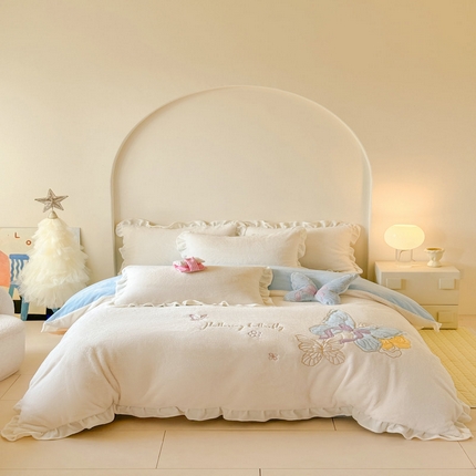 宝薇 2025新款高克重绒兔兔雪貂绒贴布绣四件套 蝴蝶-奶白蓝