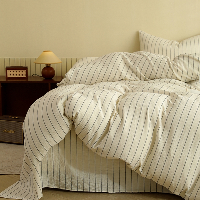 91家纺网 家纺一手货源 找家纺 棉小二 2025新款全棉色织条纹双层纱四件套 条纹白