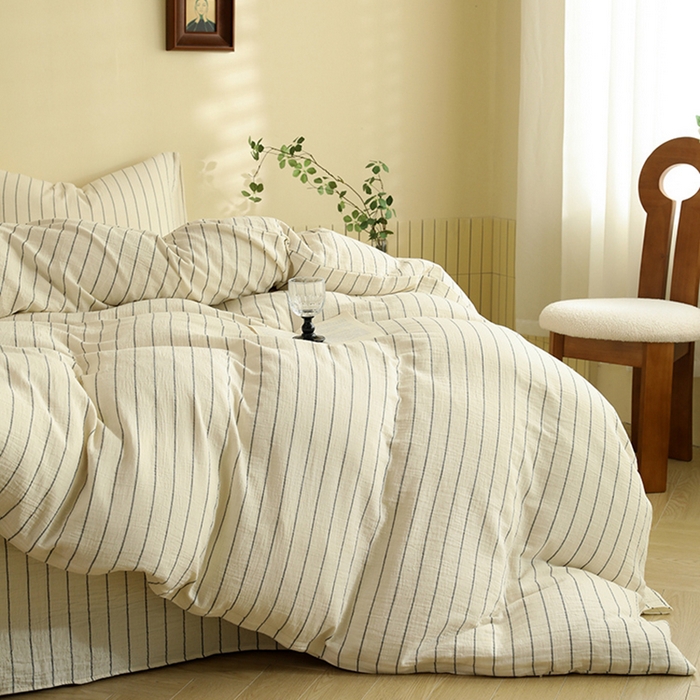 91家纺网 家纺一手货源 找家纺 棉小二 2025新款全棉色织条纹双层纱四件套 条纹白