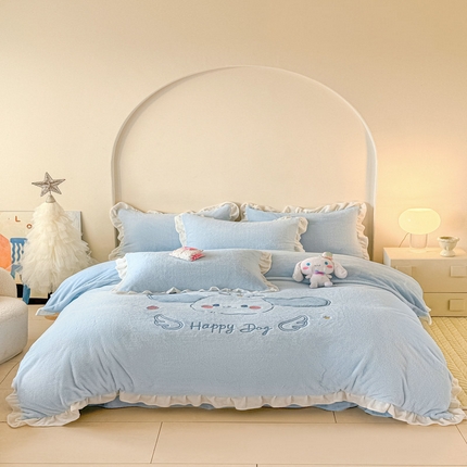 宝薇 2025新款高克重绒兔兔雪貂绒贴布绣四件套 大耳狗-天空蓝