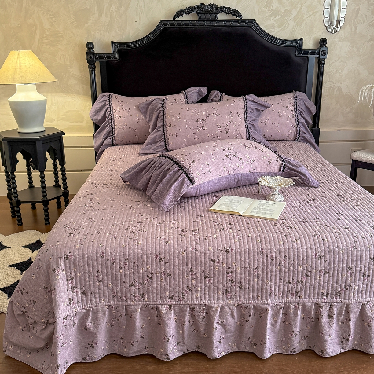 91家纺网 家纺一手货源 找家纺 富米莱（原臻工厂） 2025新款法式复古水洗亚麻花边高端床盖床单四件套 法式-紫嫣