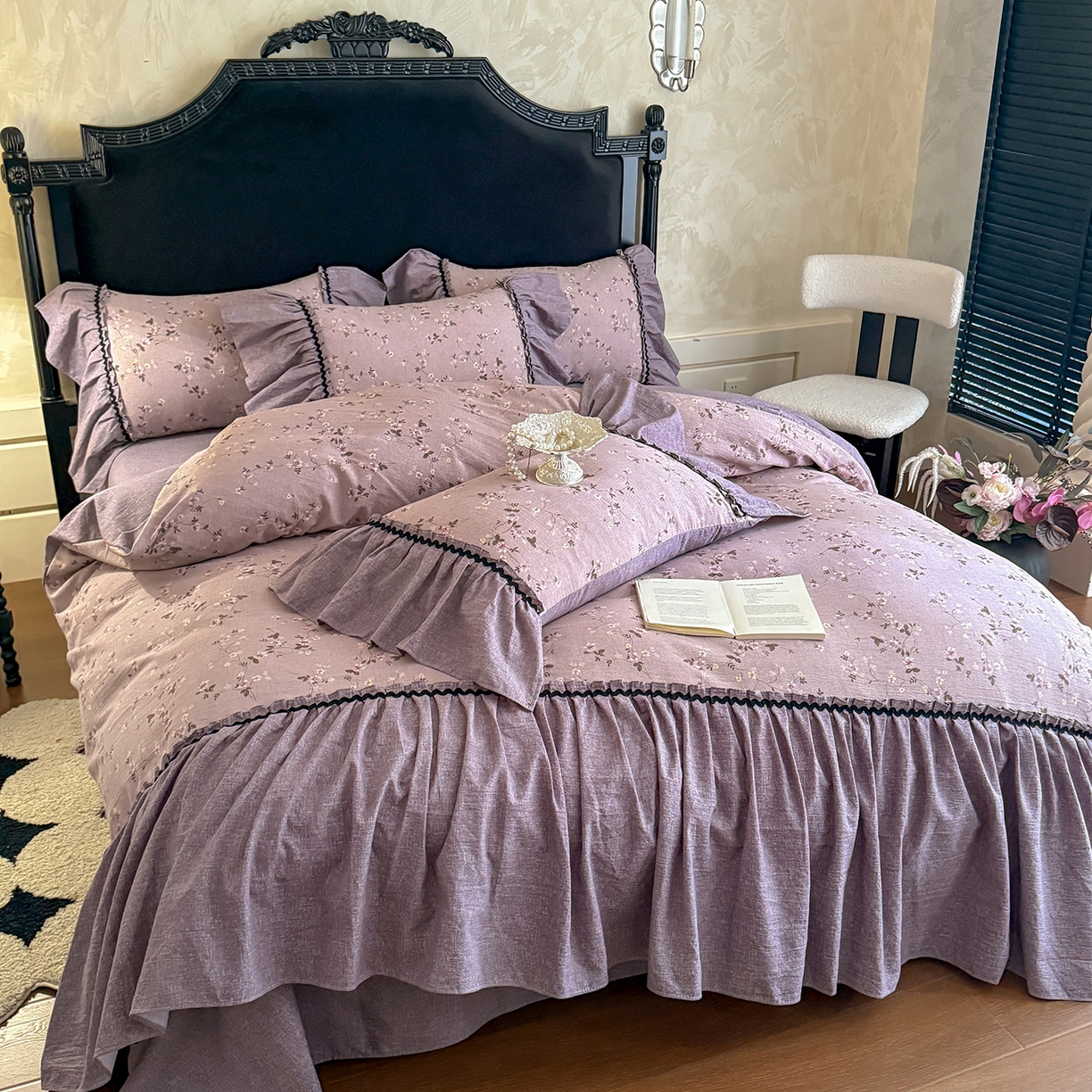 91家纺网 家纺一手货源 找家纺 富米莱（原臻工厂） 2025新款法式复古水洗亚麻花边高端床盖床单四件套 法式-紫嫣