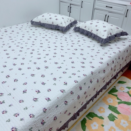 暖居 2025新款纯棉绗缝夹棉榻榻米支持定制防滑全棉印花小碎花农村大炕盖三件套系列 葡萄紫色