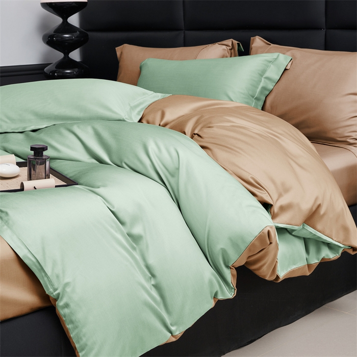 91家纺网 家纺一手货源 找家纺 顾家家居 2024新款兰精天丝棉磨毛双拼四件套 碧绿+拿铁