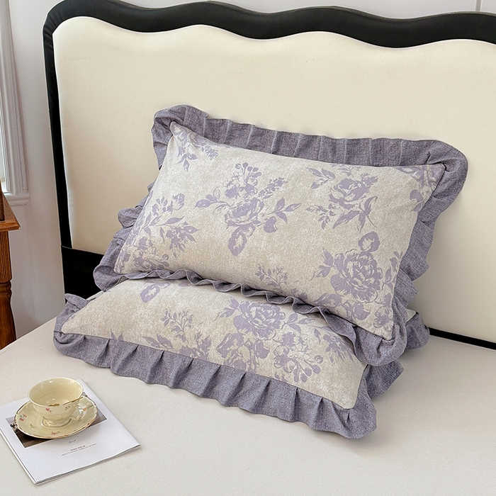 91家纺网 家纺一手货源 找家纺 梦舒羽 2025新款可水洗原麻花边枕套宿舍单人枕芯套枕头套内胆套仿亚麻 古堡花园-紫