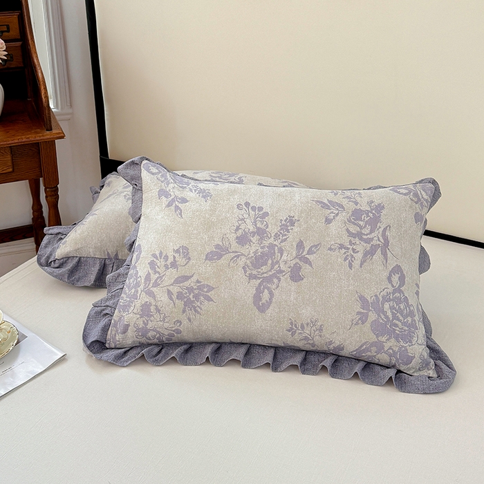 91家纺网 家纺一手货源 找家纺 梦舒羽 2025新款可水洗原麻花边枕套宿舍单人枕芯套枕头套内胆套仿亚麻 古堡花园-紫