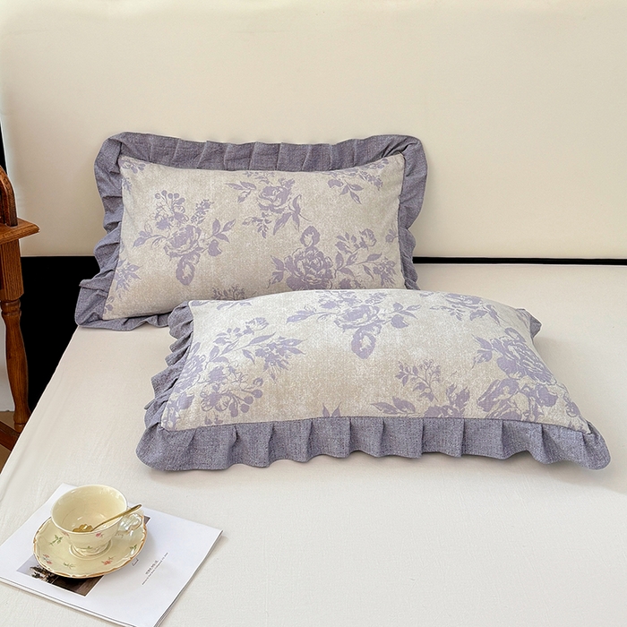 91家纺网 家纺一手货源 找家纺 梦舒羽 2025新款可水洗原麻花边枕套宿舍单人枕芯套枕头套内胆套仿亚麻 古堡花园-紫