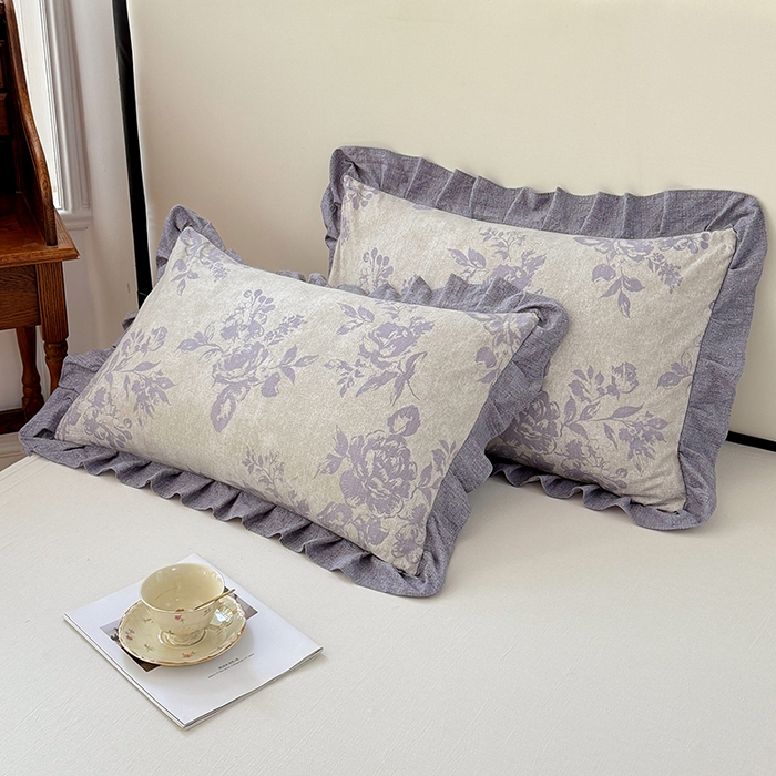 91家纺网 家纺一手货源 找家纺 梦舒羽 2025新款可水洗原麻花边枕套宿舍单人枕芯套枕头套内胆套仿亚麻 古堡花园-紫