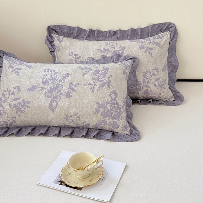 91家纺网 家纺一手货源 找家纺 梦舒羽 2025新款可水洗原麻花边枕套宿舍单人枕芯套枕头套内胆套仿亚麻 古堡花园-紫