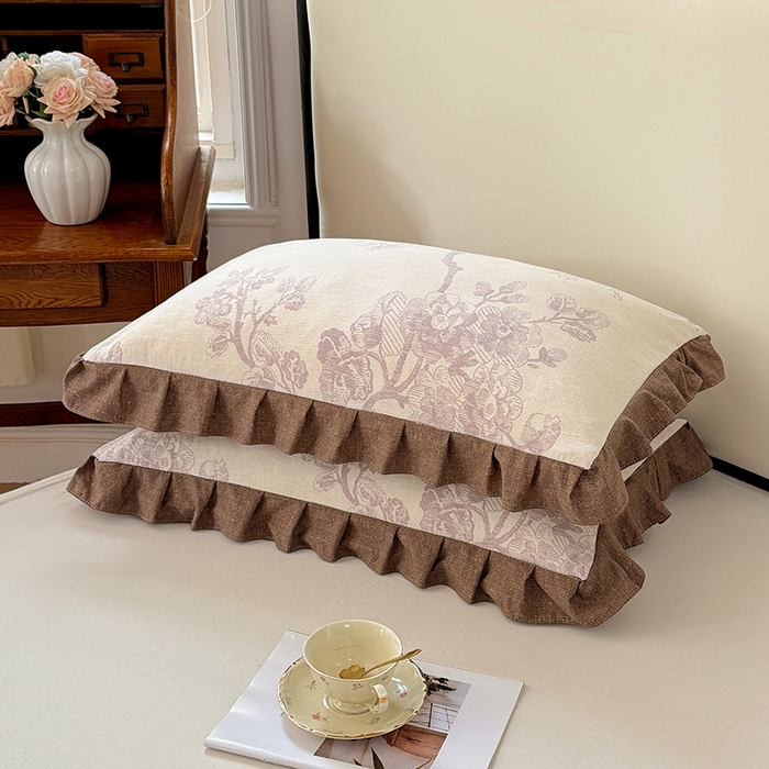 91家纺网 家纺一手货源 找家纺 梦舒羽 2025新款可水洗原麻花边枕套宿舍单人枕芯套枕头套内胆套仿亚麻 紫嫣