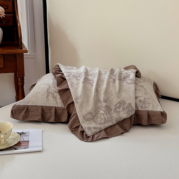 91家纺网 家纺一手货源 找家纺 梦舒羽 2025新款可水洗原麻花边枕套宿舍单人枕芯套枕头套内胆套仿亚麻 古堡花园-咖