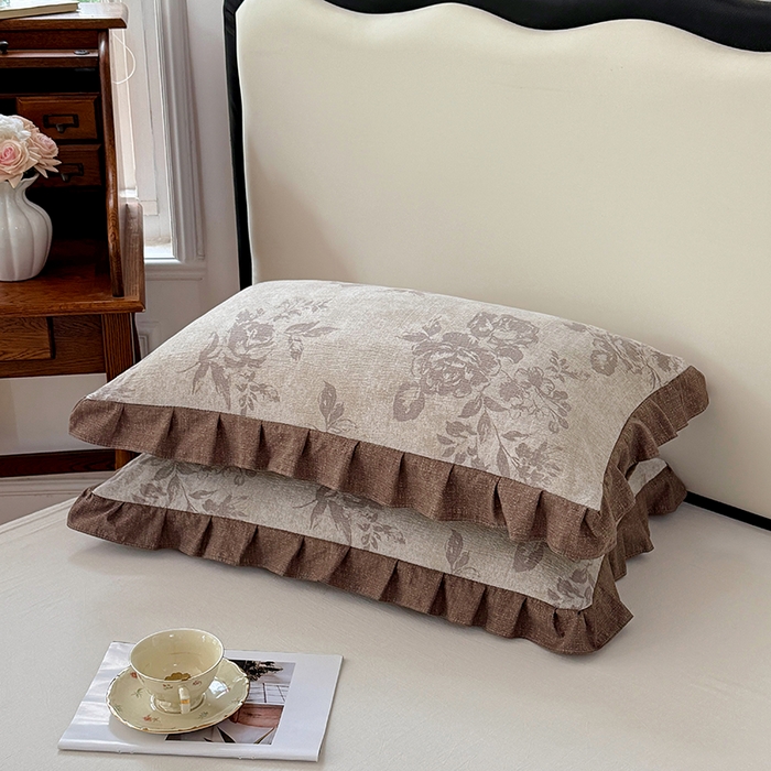 91家纺网 家纺一手货源 找家纺 梦舒羽 2025新款可水洗原麻花边枕套宿舍单人枕芯套枕头套内胆套仿亚麻 古堡花园-咖