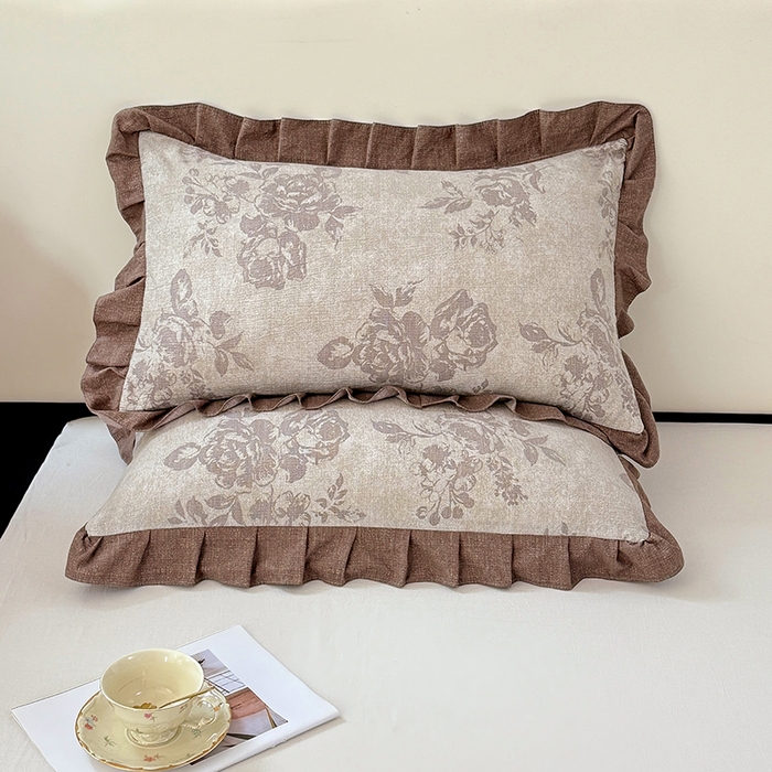 91家纺网 家纺一手货源 找家纺 梦舒羽 2025新款可水洗原麻花边枕套宿舍单人枕芯套枕头套内胆套仿亚麻 古堡花园-咖