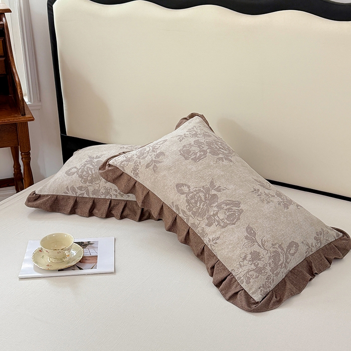 91家纺网 家纺一手货源 找家纺 梦舒羽 2025新款可水洗原麻花边枕套宿舍单人枕芯套枕头套内胆套仿亚麻 古堡花园-咖