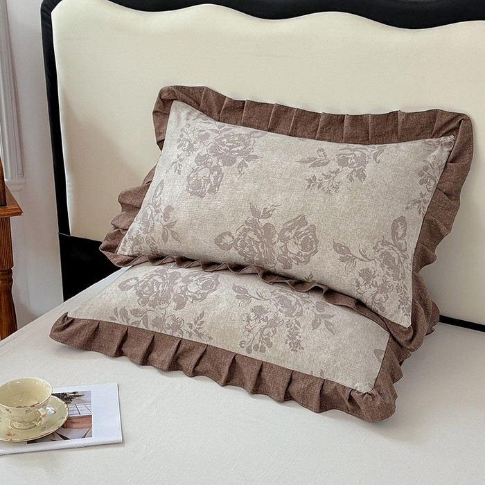 91家纺网 家纺一手货源 找家纺 梦舒羽 2025新款可水洗原麻花边枕套宿舍单人枕芯套枕头套内胆套仿亚麻 古堡花园-咖