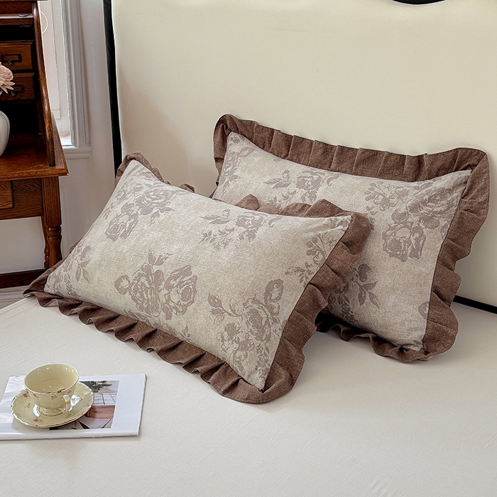 91家纺网 家纺一手货源 找家纺 梦舒羽 2025新款可水洗原麻花边枕套宿舍单人枕芯套枕头套内胆套仿亚麻 古堡花园-咖