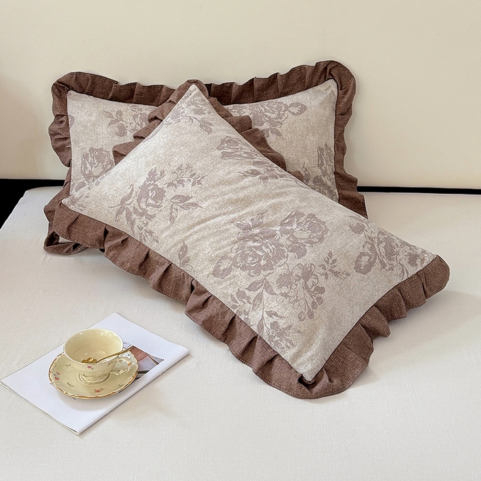 91家纺网 家纺一手货源 找家纺 梦舒羽 2025新款可水洗原麻花边枕套宿舍单人枕芯套枕头套内胆套仿亚麻 古堡花园-咖