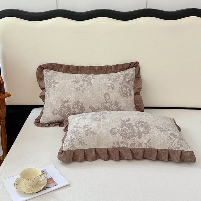 91家纺网 家纺一手货源 找家纺 梦舒羽 2025新款可水洗原麻花边枕套宿舍单人枕芯套枕头套内胆套仿亚麻 古堡花园-咖