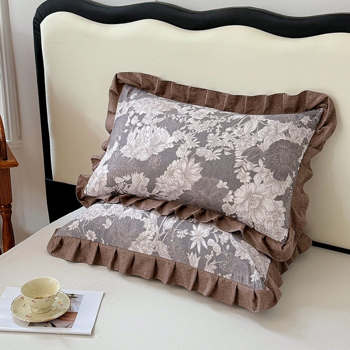 91家纺网 家纺一手货源 找家纺 梦舒羽 2025新款可水洗原麻花边枕套宿舍单人枕芯套枕头套内胆套仿亚麻 浮绘花影-白