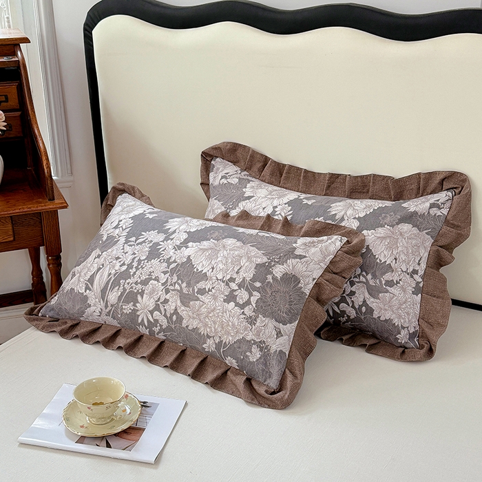 91家纺网 家纺一手货源 找家纺 梦舒羽 2025新款可水洗原麻花边枕套宿舍单人枕芯套枕头套内胆套仿亚麻 浮绘花影-白