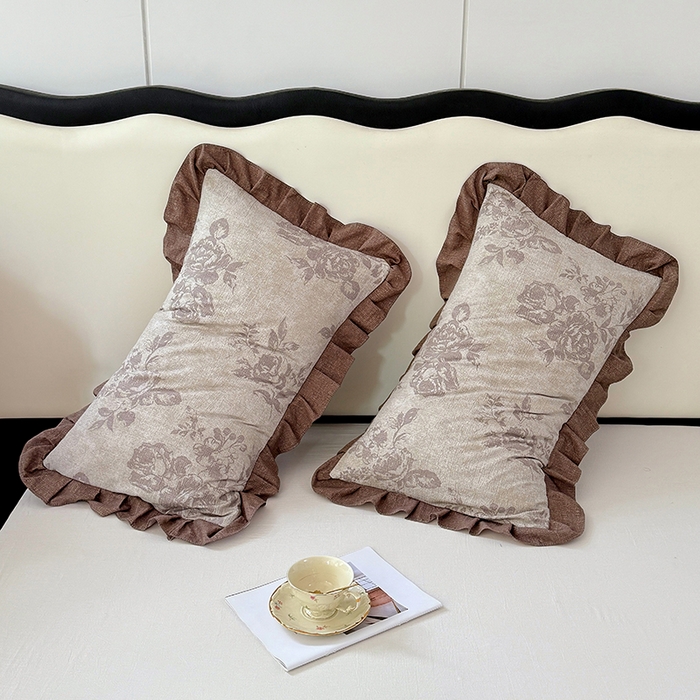 91家纺网 家纺一手货源 找家纺 梦舒羽 2025新款可水洗原麻花边枕套宿舍单人枕芯套枕头套内胆套仿亚麻 古堡花园-咖