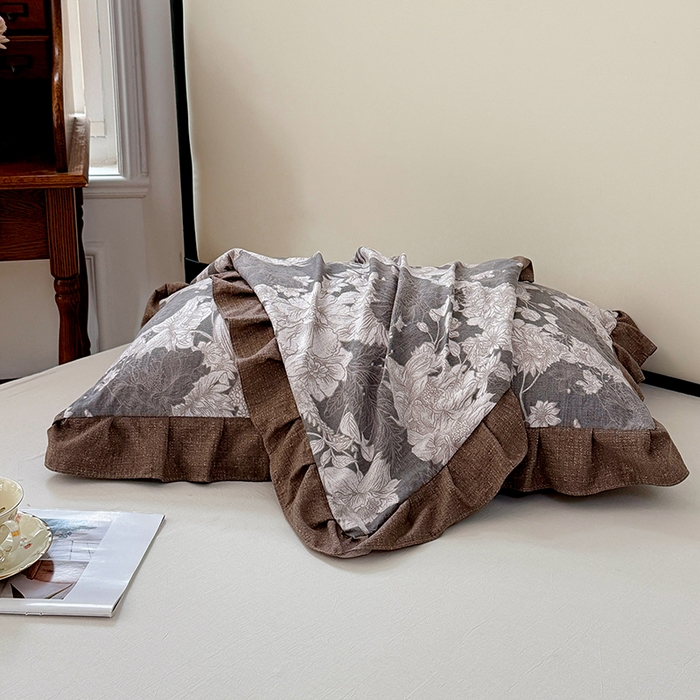 91家纺网 家纺一手货源 找家纺 梦舒羽 2025新款可水洗原麻花边枕套宿舍单人枕芯套枕头套内胆套仿亚麻 浮绘花影-白