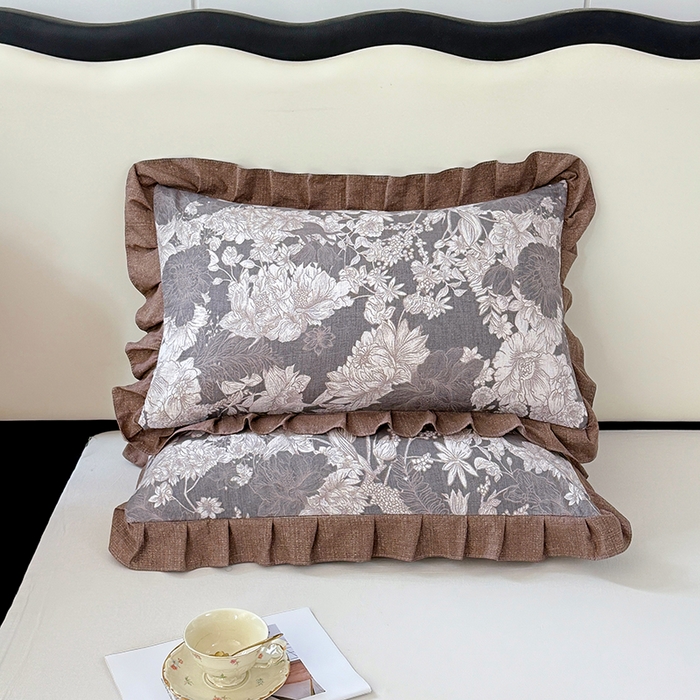 91家纺网 家纺一手货源 找家纺 梦舒羽 2025新款可水洗原麻花边枕套宿舍单人枕芯套枕头套内胆套仿亚麻 浮绘花影-白