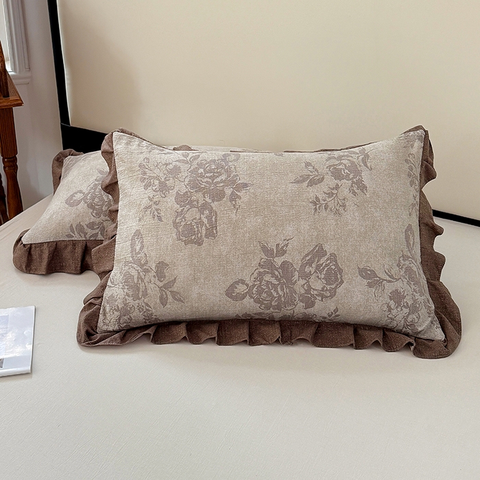 91家纺网 家纺一手货源 找家纺 梦舒羽 2025新款可水洗原麻花边枕套宿舍单人枕芯套枕头套内胆套仿亚麻 古堡花园-咖