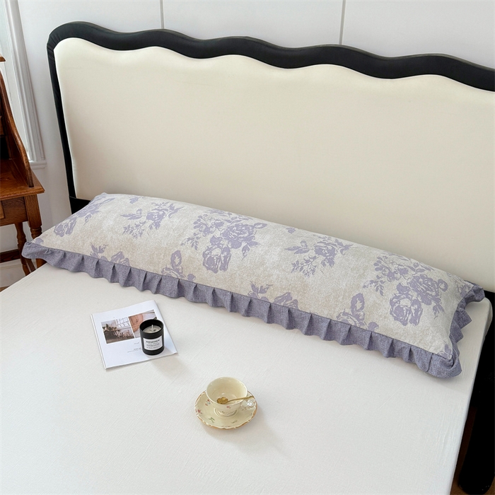 91家纺网 家纺一手货源 找家纺 梦舒羽 2025新款可水洗原麻双人花边枕套宿舍情侣枕芯套加长枕头套内胆套仿亚麻 古堡花园-紫