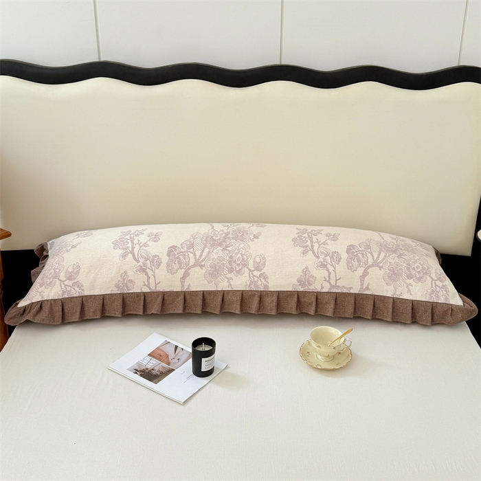 91家纺网 家纺一手货源 找家纺 梦舒羽 2025新款可水洗原麻双人花边枕套宿舍情侣枕芯套加长枕头套内胆套仿亚麻 紫嫣