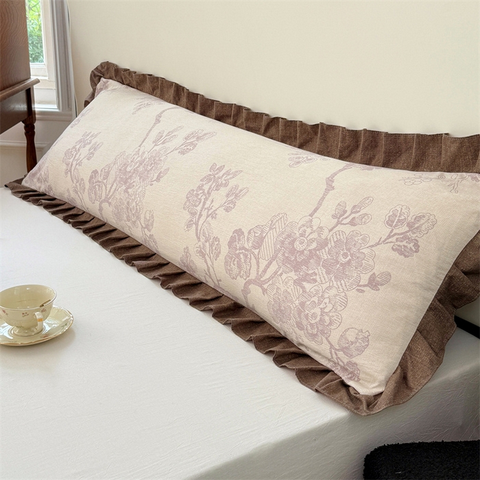 91家纺网 家纺一手货源 找家纺 梦舒羽 2025新款可水洗原麻双人花边枕套宿舍情侣枕芯套加长枕头套内胆套仿亚麻 紫嫣