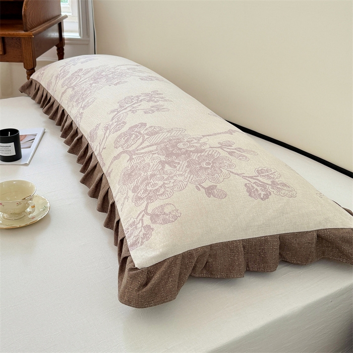 91家纺网 家纺一手货源 找家纺 梦舒羽 2025新款可水洗原麻双人花边枕套宿舍情侣枕芯套加长枕头套内胆套仿亚麻 紫嫣