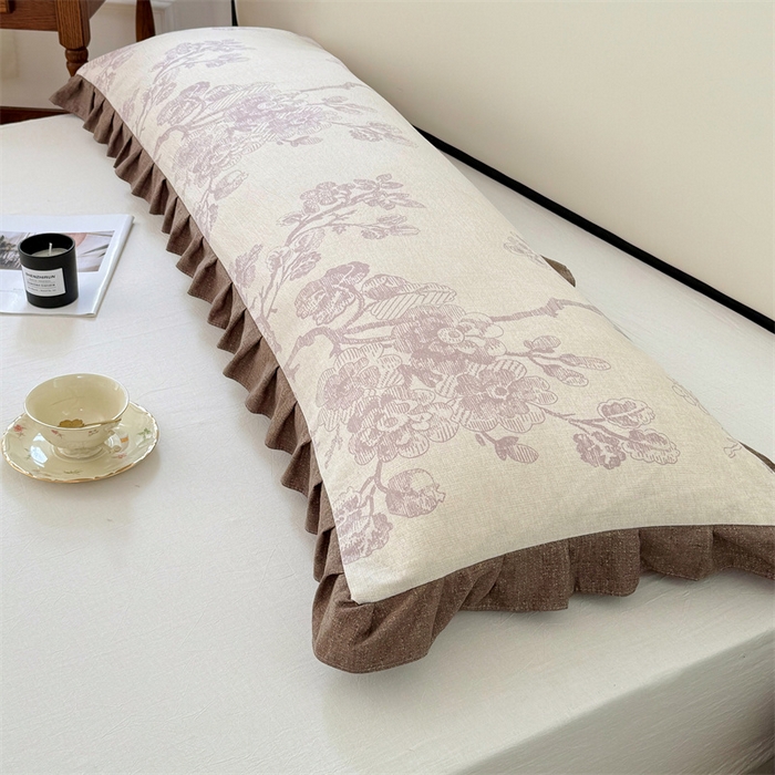 91家纺网 家纺一手货源 找家纺 梦舒羽 2025新款可水洗原麻双人花边枕套宿舍情侣枕芯套加长枕头套内胆套仿亚麻 紫嫣