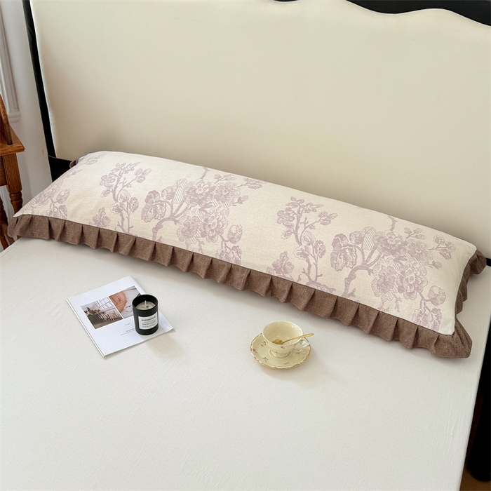 91家纺网 家纺一手货源 找家纺 梦舒羽 2025新款可水洗原麻双人花边枕套宿舍情侣枕芯套加长枕头套内胆套仿亚麻 紫嫣