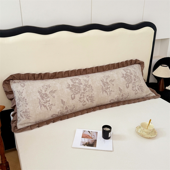 91家纺网 家纺一手货源 找家纺 梦舒羽 2025新款可水洗原麻双人花边枕套宿舍情侣枕芯套加长枕头套内胆套仿亚麻 古堡花园-咖