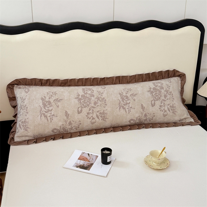 91家纺网 家纺一手货源 找家纺 梦舒羽 2025新款可水洗原麻双人花边枕套宿舍情侣枕芯套加长枕头套内胆套仿亚麻 古堡花园-咖