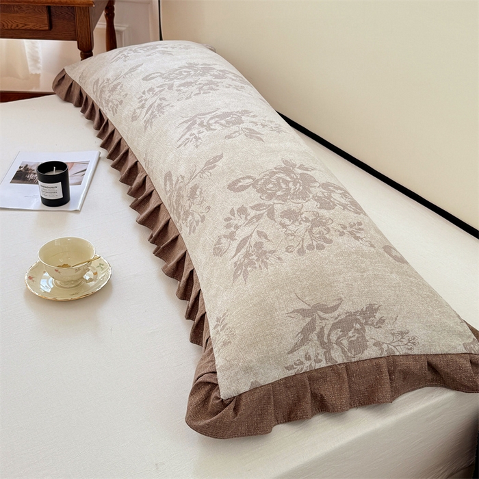 91家纺网 家纺一手货源 找家纺 梦舒羽 2025新款可水洗原麻双人花边枕套宿舍情侣枕芯套加长枕头套内胆套仿亚麻 古堡花园-咖