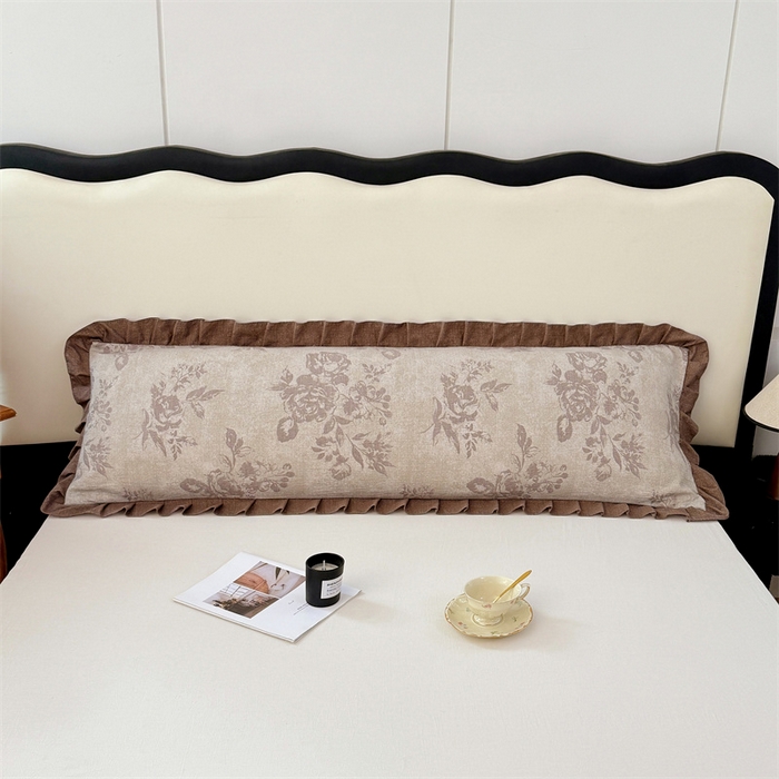 91家纺网 家纺一手货源 找家纺 梦舒羽 2025新款可水洗原麻双人花边枕套宿舍情侣枕芯套加长枕头套内胆套仿亚麻 古堡花园-咖