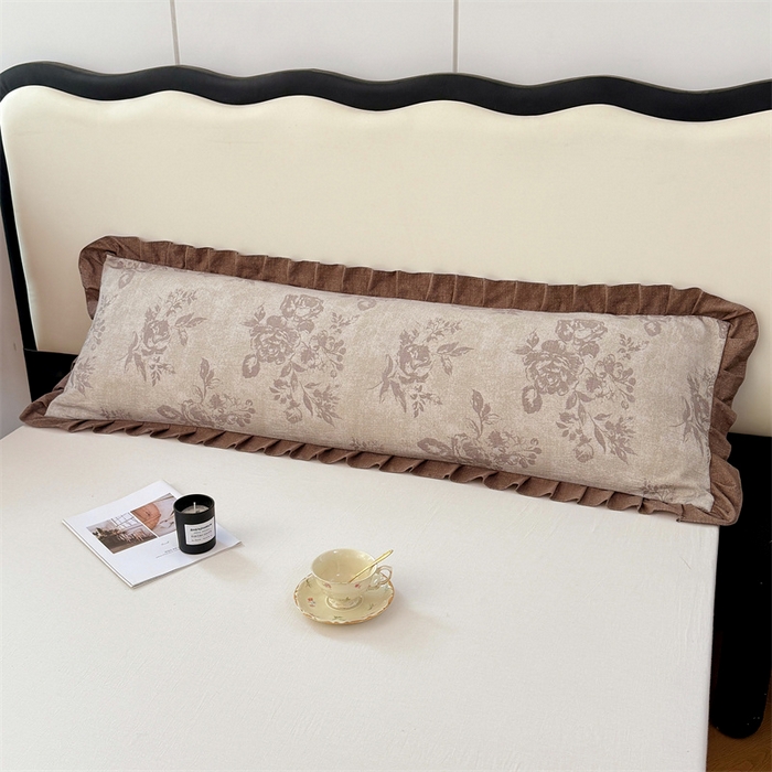 91家纺网 家纺一手货源 找家纺 梦舒羽 2025新款可水洗原麻双人花边枕套宿舍情侣枕芯套加长枕头套内胆套仿亚麻 古堡花园-咖