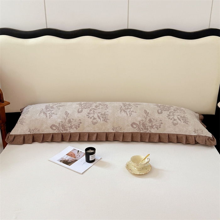 91家纺网 家纺一手货源 找家纺 梦舒羽 2025新款可水洗原麻双人花边枕套宿舍情侣枕芯套加长枕头套内胆套仿亚麻 古堡花园-咖