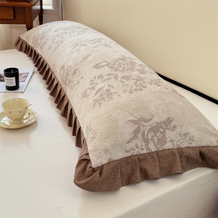 91家纺网 家纺一手货源 找家纺 梦舒羽 2025新款可水洗原麻双人花边枕套宿舍情侣枕芯套加长枕头套内胆套仿亚麻 古堡花园-咖