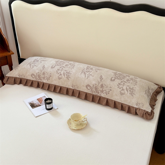 91家纺网 家纺一手货源 找家纺 梦舒羽 2025新款可水洗原麻双人花边枕套宿舍情侣枕芯套加长枕头套内胆套仿亚麻 古堡花园-咖