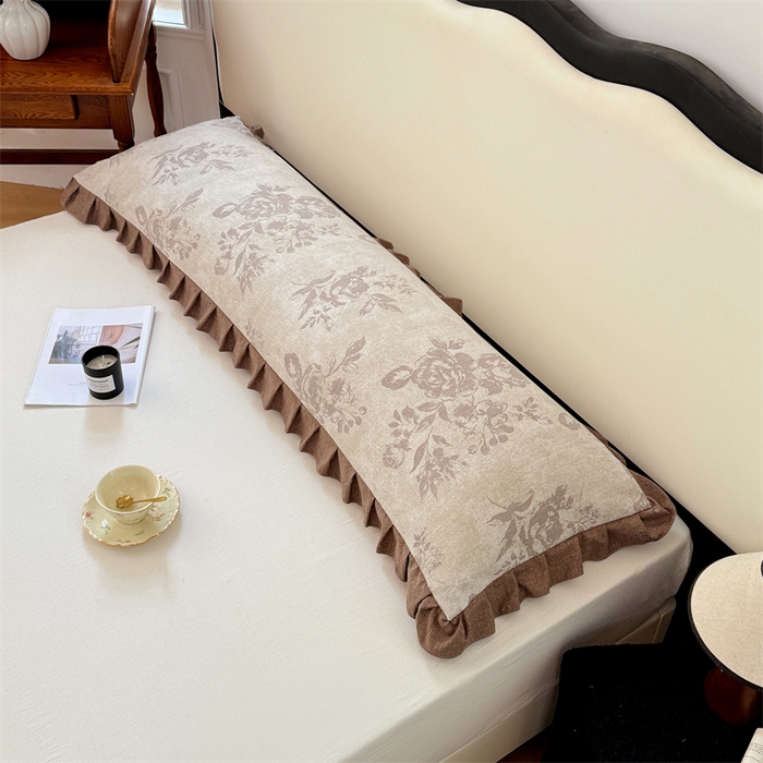 91家纺网 家纺一手货源 找家纺 梦舒羽 2025新款可水洗原麻双人花边枕套宿舍情侣枕芯套加长枕头套内胆套仿亚麻 古堡花园-咖