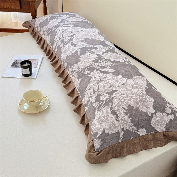 91家纺网 家纺一手货源 找家纺 梦舒羽 2025新款可水洗原麻双人花边枕套宿舍情侣枕芯套加长枕头套内胆套仿亚麻 浮绘花影-白