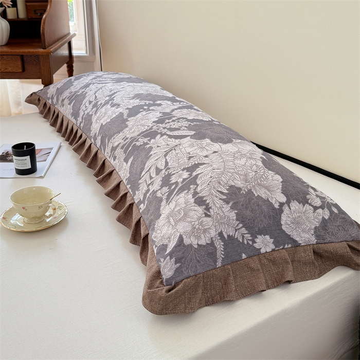 91家纺网 家纺一手货源 找家纺 梦舒羽 2025新款可水洗原麻双人花边枕套宿舍情侣枕芯套加长枕头套内胆套仿亚麻 浮绘花影-白