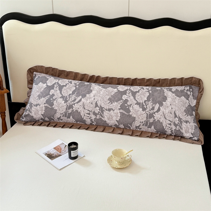 91家纺网 家纺一手货源 找家纺 梦舒羽 2025新款可水洗原麻双人花边枕套宿舍情侣枕芯套加长枕头套内胆套仿亚麻 浮绘花影-白