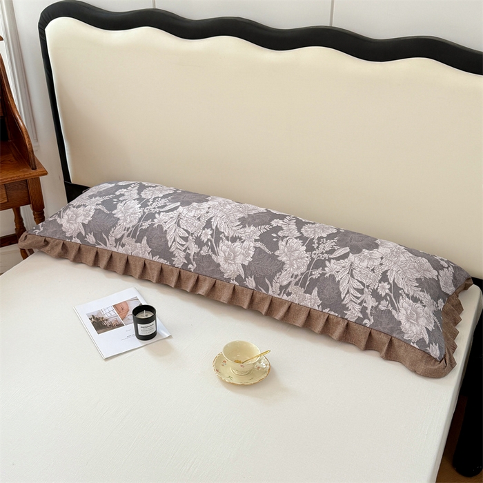 91家纺网 家纺一手货源 找家纺 梦舒羽 2025新款可水洗原麻双人花边枕套宿舍情侣枕芯套加长枕头套内胆套仿亚麻 浮绘花影-白