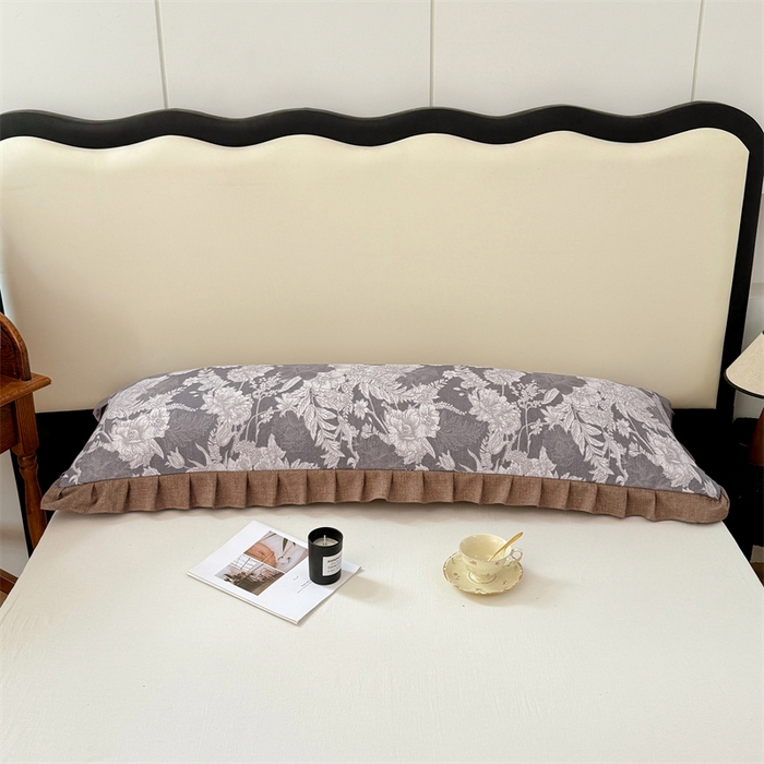 91家纺网 家纺一手货源 找家纺 梦舒羽 2025新款可水洗原麻双人花边枕套宿舍情侣枕芯套加长枕头套内胆套仿亚麻 浮绘花影-白