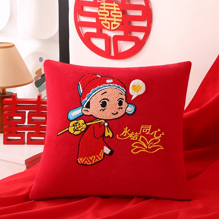 91家纺网 家纺一手货源 找家纺 贤内助家纺 2025新款金玉良缘结婚抱枕靠枕系列喜庆沙发靠背小抱枕喜床摆件 同心百年（外套+芯）一对