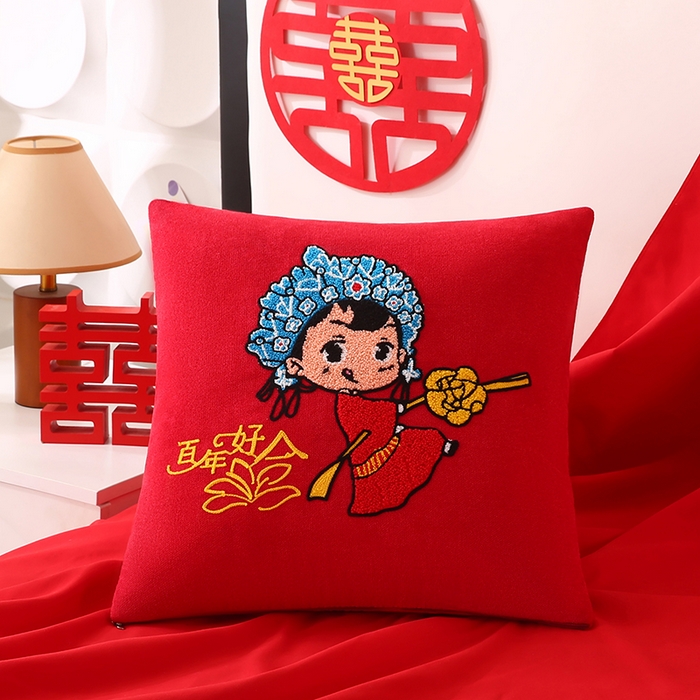 91家纺网 家纺一手货源 找家纺 贤内助家纺 2025新款金玉良缘结婚抱枕靠枕系列喜庆沙发靠背小抱枕喜床摆件 同心百年（外套+芯）一对